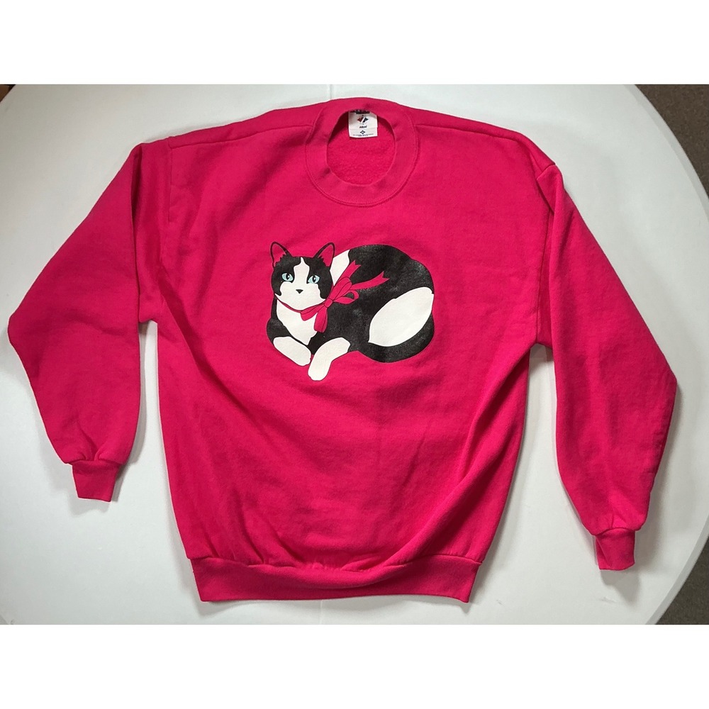 VTG USA Made Cat Granny Sweatshirt Pink Bow Women XL Cottagecore Nature 90s